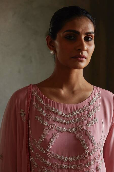 Shop_Radha Sharma_Pink Georgette Embroidered Floral Motifs Round Tonal Kurta Pant Set  _Online_at_Aza_Fashions