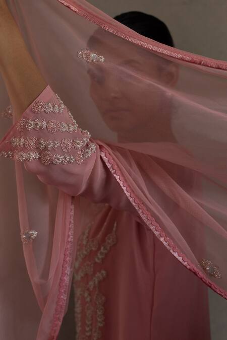 Radha Sharma_Pink Georgette Embroidered Floral Motifs Round Tonal Kurta Pant Set  _at_Aza_Fashions