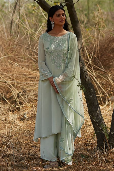 Radha Sharma Pink Georgette Embroidered Floral Motifs Round Tonal Kurta Pant Set  