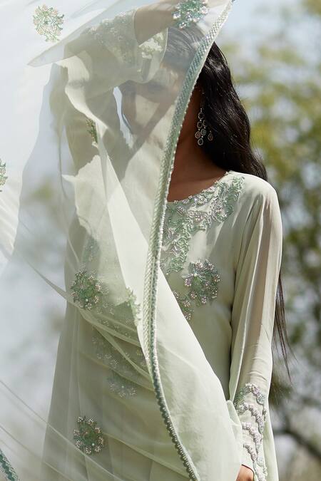 Radha Sharma_Pink Georgette Embroidered Floral Motifs Round Tonal Kurta Pant Set  _Online_at_Aza_Fashions