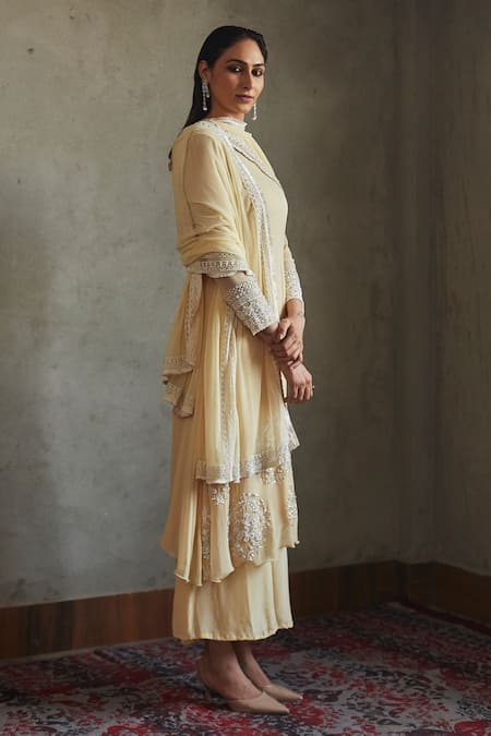 Shop Radha Sharma Yellow Georgette Embroidered Floral Motifs Kurta Set With Dupatta at Aza Fashions Shop_Radha Sharma_Yellow Georgette Embroidered Floral Motifs Kurta Set With Dupatta _at_Aza_Fashions