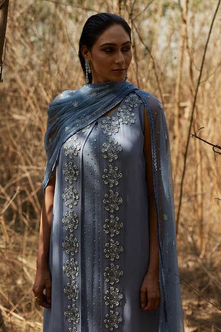 Shop Radha Sharma Blue Georgette Embroidered Floral Motifs Round Front Slit Kurta Set at Aza Fashions Shop_Radha Sharma_Blue Georgette Embroidered Floral Motifs Round Front Slit Kurta Set _at_Aza_Fashions