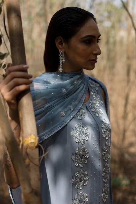 Radha Sharma Blue Georgette Embroidered Floral Motifs Round Front Slit Kurta Set Online at Aza Fashions Radha Sharma_Blue Georgette Embroidered Floral Motifs Round Front Slit Kurta Set _Online_at_Aza_Fashions