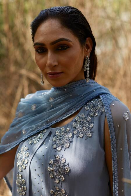 Buy Radha Sharma Blue Georgette Embroidered Floral Motifs Round Front Slit Kurta Set Online at Aza Fashions Buy_Radha Sharma_Blue Georgette Embroidered Floral Motifs Round Front Slit Kurta Set _Online_at_Aza_Fashions