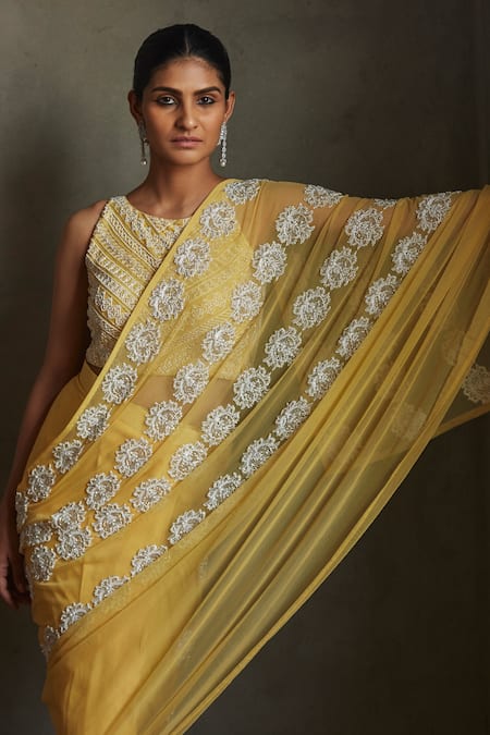 Shop Radha Sharma Yellow Georgette Embroidered Floral Round Saree With Blouse at Aza Fashions Shop_Radha Sharma_Yellow Georgette Embroidered Floral Round Saree With Blouse _at_Aza_Fashions