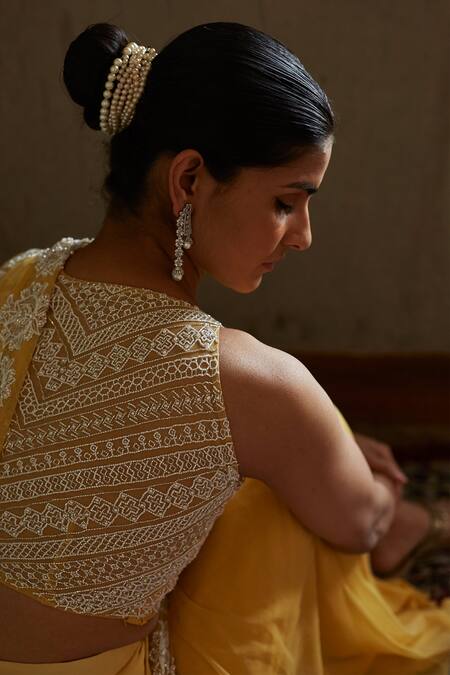 Buy Radha Sharma Yellow Georgette Embroidered Floral Round Saree With Blouse Online at Aza Fashions Buy_Radha Sharma_Yellow Georgette Embroidered Floral Round Saree With Blouse _Online_at_Aza_Fashions