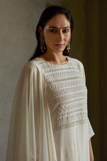 Radha Sharma White Crepe, Georgette, Soft Net Geometric Hand Embroidered Kurta Palazzo Set Online at Aza Fashions Radha Sharma_White Crepe, Georgette, Soft Net Geometric Hand Embroidered Kurta Palazzo Set _Online_at_Aza_Fashions