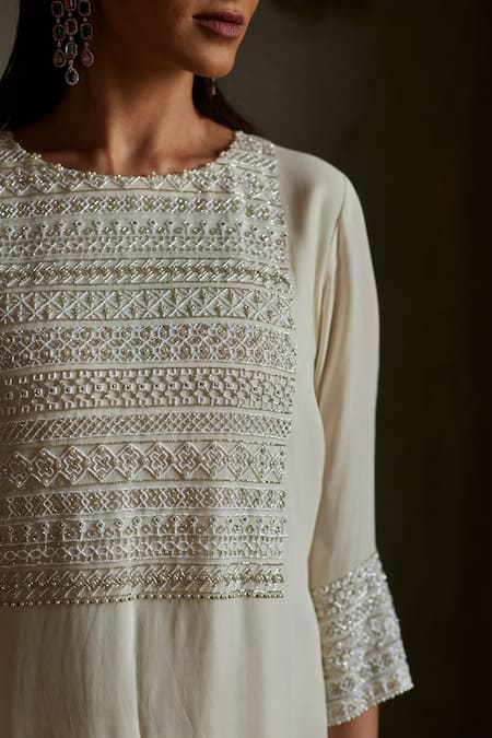 Buy Radha Sharma White Crepe, Georgette, Soft Net Geometric Hand Embroidered Kurta Palazzo Set Online at Aza Fashions Buy_Radha Sharma_White Crepe, Georgette, Soft Net Geometric Hand Embroidered Kurta Palazzo Set _Online_at_Aza_Fashions