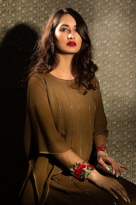 Shop Radha Sharma Brown Georgette Embroidered Glass Beads Round Hand Kaftan Palazzo Set at Aza Fashions Shop_Radha Sharma_Brown Georgette Embroidered Glass Beads Round Hand Kaftan Palazzo Set _at_Aza_Fashions