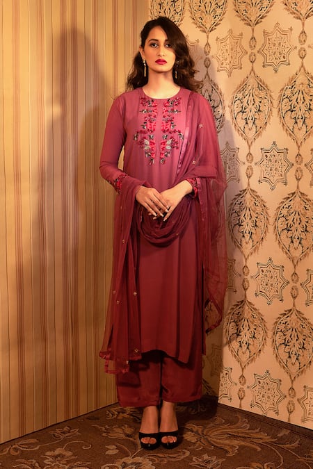 Radha Sharma Purple Georgette Embroidered Glass Beads Floral Kurta Palazzo Set  