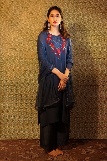 Radha Sharma Blue Georgette Embroidered Glass Beads Round Floral Kurta Palazzo Set  