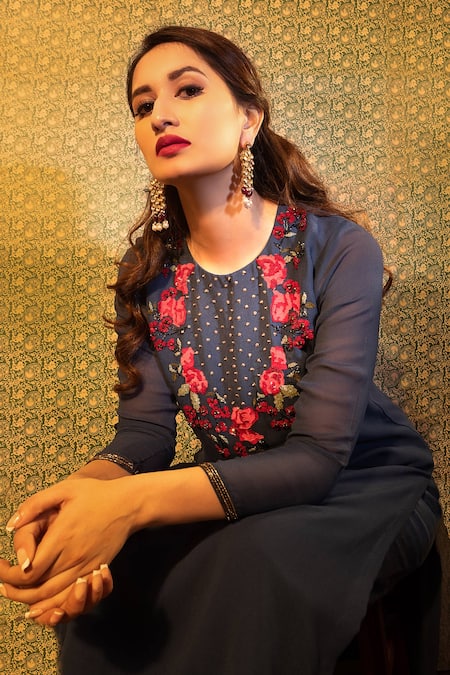 Shop Radha Sharma Blue Georgette Embroidered Glass Beads Round Floral Kurta Palazzo Set at Aza Fashions Shop_Radha Sharma_Blue Georgette Embroidered Glass Beads Round Floral Kurta Palazzo Set _at_Aza_Fashions