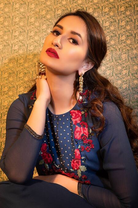 Radha Sharma Blue Georgette Embroidered Glass Beads Round Floral Kurta Palazzo Set Online at Aza Fashions Radha Sharma_Blue Georgette Embroidered Glass Beads Round Floral Kurta Palazzo Set _Online_at_Aza_Fashions