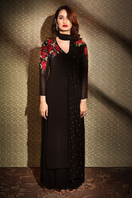 Radha Sharma Black Georgette Embroidered Glass Beads V Neck Kurta Palazzo Set  