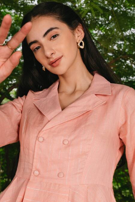 Kranberra_Peach Linen Plain Silver Lining Lapel Collar Dress _at_Aza_Fashions