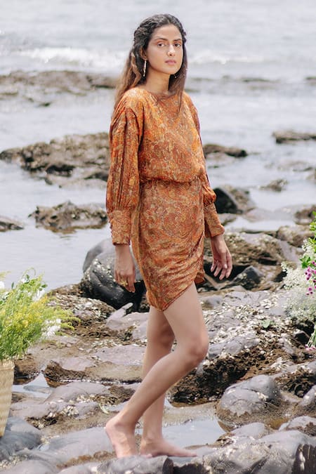 Buy Kranberra Brown Georgette Floral Motifs Boat Neck Evantson Draped Dress Online at Aza Fashions Buy_Kranberra_Brown Georgette Floral Motifs Boat Neck Evantson Draped Dress_Online_at_Aza_Fashions