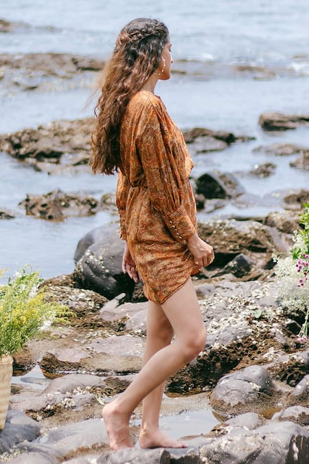 Shop Kranberra Brown Georgette Floral Motifs Boat Neck Evantson Draped Dress Online at Aza Fashions Shop_Kranberra_Brown Georgette Floral Motifs Boat Neck Evantson Draped Dress_Online_at_Aza_Fashions