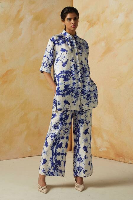 Kanelle_Blue Linen Satin Printed Abstract Straight Collar Evelyn Pant Set_Online_at_Aza_Fashions