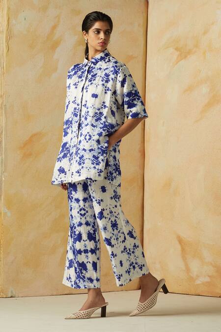 Shop_Kanelle_Blue Linen Satin Printed Abstract Straight Collar Evelyn Pant Set_Online_at_Aza_Fashions