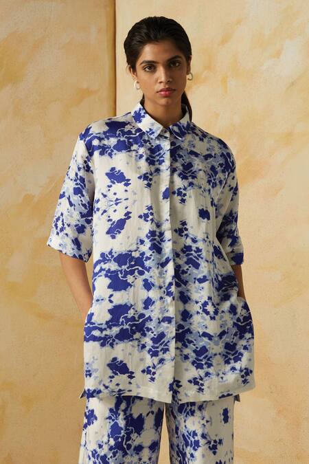 Kanelle_Blue Linen Satin Printed Abstract Straight Collar Evelyn Pant Set_at_Aza_Fashions