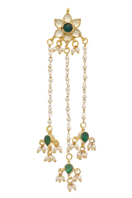 Shop MAISARA JEWELRY Gold Plated Stones, Pearls Kundan Dangler Earrings at Aza Fashions Shop_MAISARA JEWELRY_Gold Plated Stones, Pearls Kundan Dangler Earrings _at_Aza_Fashions