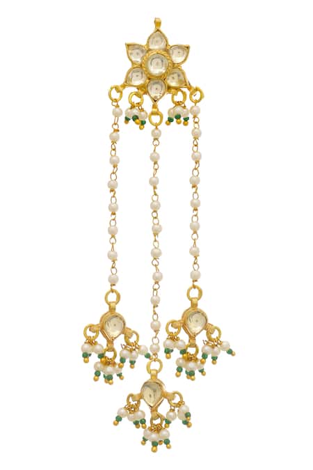 Shop MAISARA JEWELRY Gold Plated Stones, Pearls Kundan Dangler Earrings at Aza Fashions Shop_MAISARA JEWELRY_Gold Plated Stones, Pearls Kundan Dangler Earrings _at_Aza_Fashions
