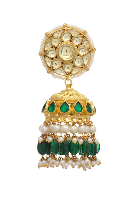 Shop MAISARA JEWELRY Green Stones, Beads, Pearls Kundan Jhumkas at Aza Fashions Shop_MAISARA JEWELRY_Green Stones, Beads, Pearls Kundan Jhumkas _at_Aza_Fashions