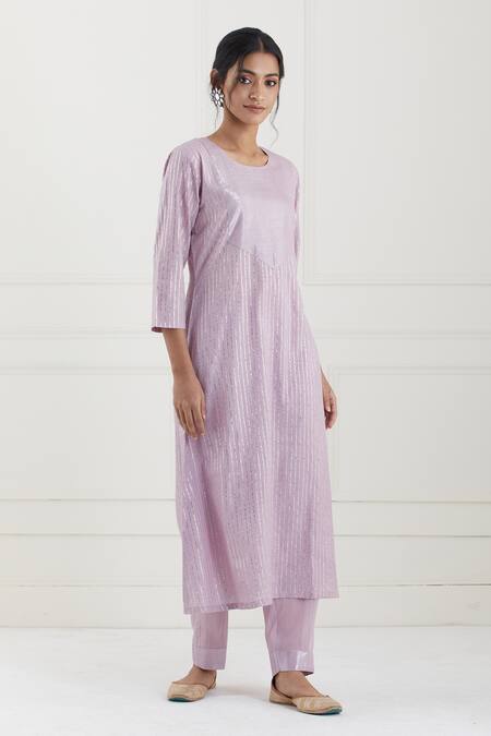 Tashee Pink Cotton Stripes Round Lurex Kurta Pant Set Online at Aza Fashions Tashee_Pink Cotton Stripes Round Lurex Kurta Pant Set _Online_at_Aza_Fashions