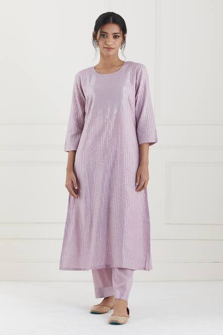 Buy Tashee Pink Cotton Stripes Round Lurex Kurta Pant Set Online at Aza Fashions Buy_Tashee_Pink Cotton Stripes Round Lurex Kurta Pant Set _Online_at_Aza_Fashions
