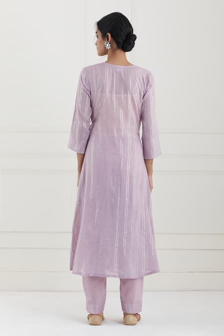 Shop Tashee Pink Cotton Stripes V Neck Lurex Angrakha Pant Set at Aza Fashions Shop_Tashee_Pink Cotton Stripes V Neck Lurex Angrakha Pant Set _at_Aza_Fashions