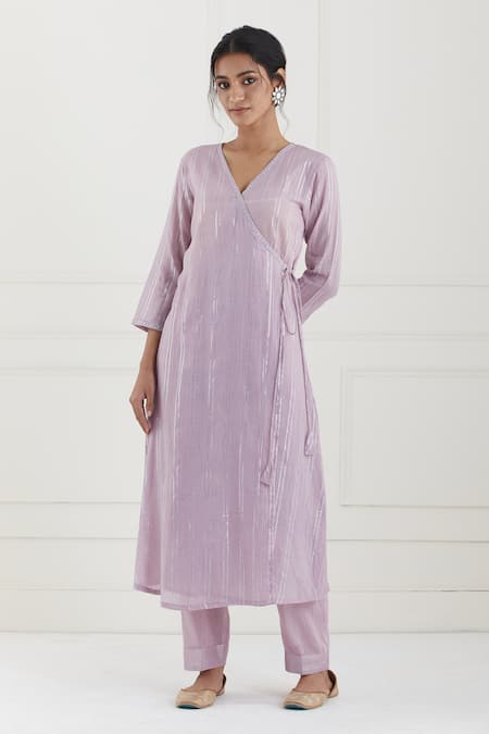 Buy Tashee Pink Cotton Stripes V Neck Lurex Angrakha Pant Set Online at Aza Fashions Buy_Tashee_Pink Cotton Stripes V Neck Lurex Angrakha Pant Set _Online_at_Aza_Fashions