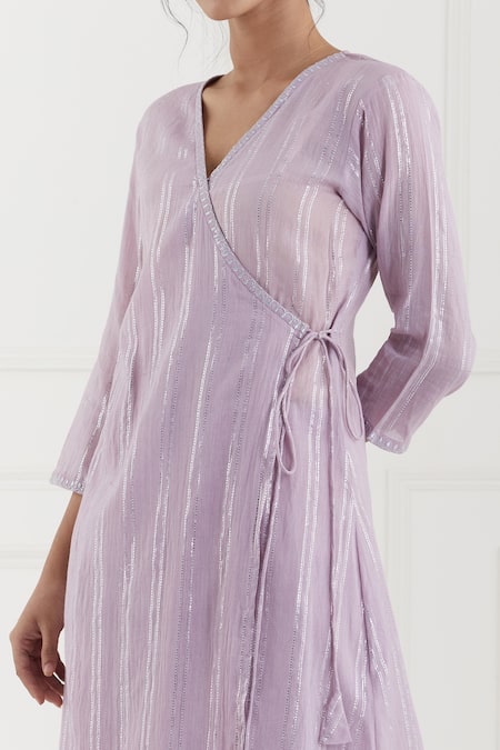 Shop Tashee Pink Cotton Stripes V Neck Lurex Angrakha Pant Set Online at Aza Fashions Shop_Tashee_Pink Cotton Stripes V Neck Lurex Angrakha Pant Set _Online_at_Aza_Fashions