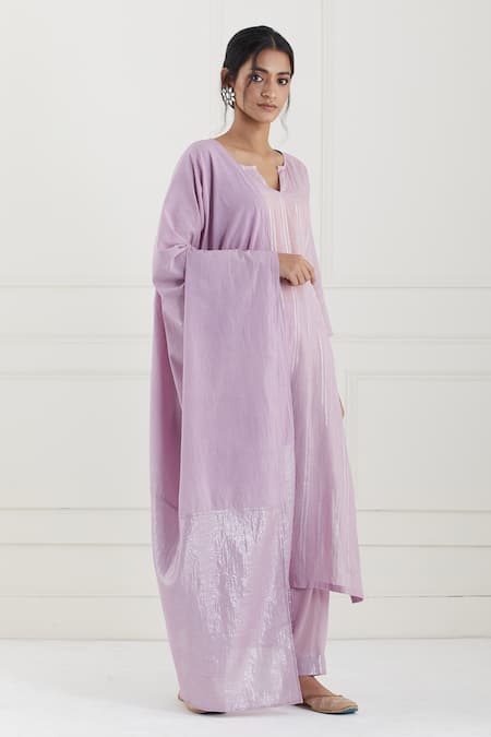 Tashee Pink Cotton Stripes Notched Lurex Kurta Pant Set 