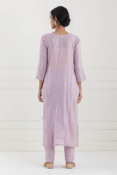 Shop Tashee Pink Cotton Stripes Notched Lurex Kurta Pant Set at Aza Fashions Shop_Tashee_Pink Cotton Stripes Notched Lurex Kurta Pant Set _at_Aza_Fashions