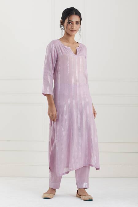Tashee Pink Cotton Stripes Notched Lurex Kurta Pant Set Online at Aza Fashions Tashee_Pink Cotton Stripes Notched Lurex Kurta Pant Set _Online_at_Aza_Fashions