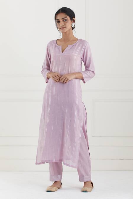 Buy Tashee Pink Cotton Stripes Notched Lurex Kurta Pant Set Online at Aza Fashions Buy_Tashee_Pink Cotton Stripes Notched Lurex Kurta Pant Set _Online_at_Aza_Fashions