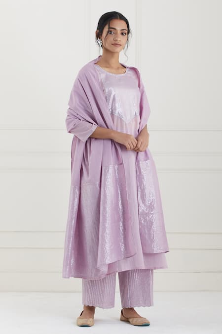 Tashee Pink Cotton Stripes Round Neck Kurta Pant Set 