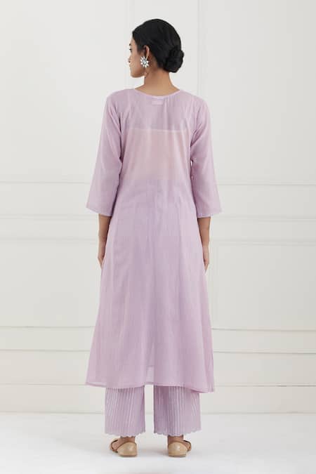 Shop Tashee Pink Cotton Stripes Round Neck Kurta Pant Set at Aza Fashions Shop_Tashee_Pink Cotton Stripes Round Neck Kurta Pant Set _at_Aza_Fashions