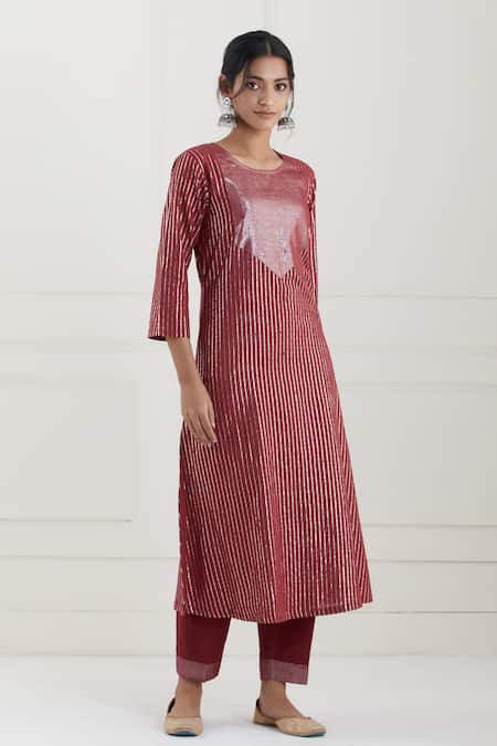 Shop Tashee Red Cotton Stripes Round Lurex Kurta Pant Set at Aza Fashions Shop_Tashee_Red Cotton Stripes Round Lurex Kurta Pant Set _at_Aza_Fashions
