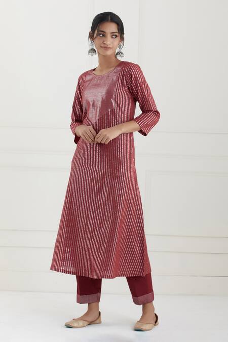 Buy Tashee Red Cotton Stripes Round Lurex Kurta Pant Set Online at Aza Fashions Buy_Tashee_Red Cotton Stripes Round Lurex Kurta Pant Set _Online_at_Aza_Fashions