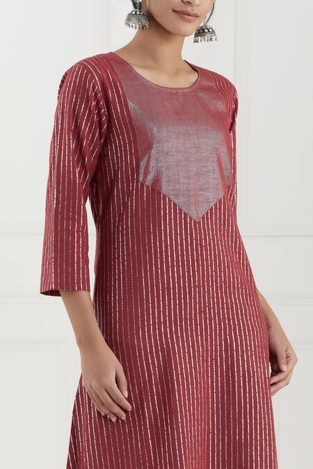 Shop Tashee Red Cotton Stripes Round Lurex Kurta Pant Set Online at Aza Fashions Shop_Tashee_Red Cotton Stripes Round Lurex Kurta Pant Set _Online_at_Aza_Fashions