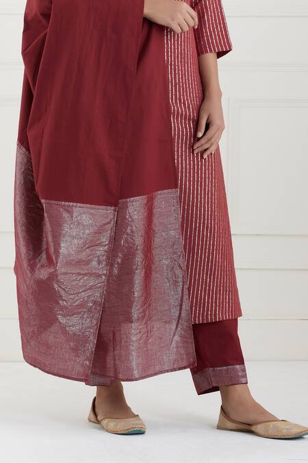 Tashee Red Cotton Stripes Round Lurex Kurta Pant Set at Aza Fashions Tashee_Red Cotton Stripes Round Lurex Kurta Pant Set _at_Aza_Fashions