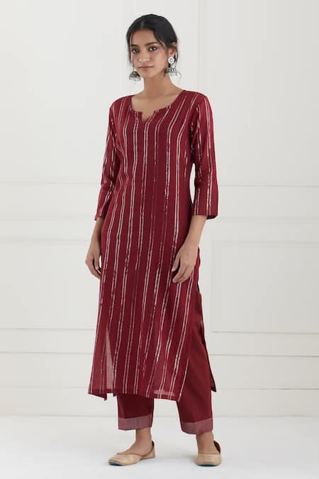 Tashee Red Cotton Stripes Notched Lurex Kurta Pant Set 