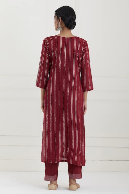 Shop Tashee Red Cotton Stripes Notched Lurex Kurta Pant Set at Aza Fashions Shop_Tashee_Red Cotton Stripes Notched Lurex Kurta Pant Set _at_Aza_Fashions
