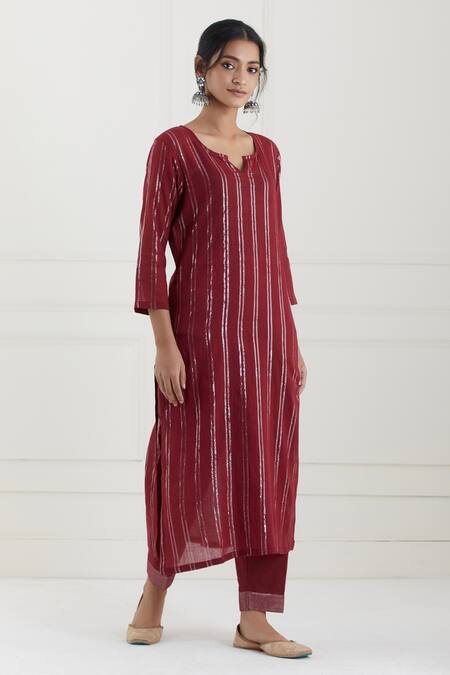 Tashee Red Cotton Stripes Notched Lurex Kurta Pant Set Online at Aza Fashions Tashee_Red Cotton Stripes Notched Lurex Kurta Pant Set _Online_at_Aza_Fashions
