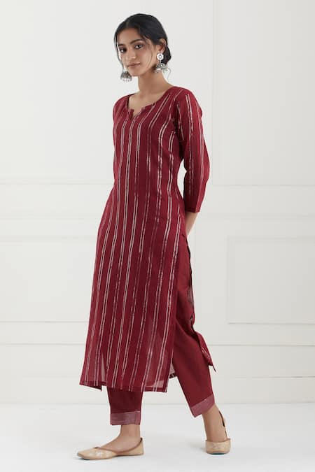 Buy Tashee Red Cotton Stripes Notched Lurex Kurta Pant Set Online at Aza Fashions Buy_Tashee_Red Cotton Stripes Notched Lurex Kurta Pant Set _Online_at_Aza_Fashions