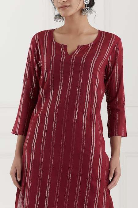 Shop Tashee Red Cotton Stripes Notched Lurex Kurta Pant Set Online at Aza Fashions Shop_Tashee_Red Cotton Stripes Notched Lurex Kurta Pant Set _Online_at_Aza_Fashions
