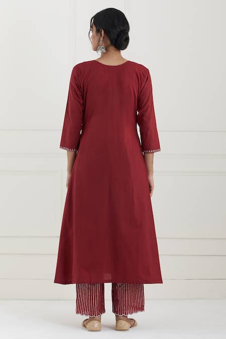 Shop Tashee Red Cotton Stripes Round Neck Kurta Pant Set at Aza Fashions Shop_Tashee_Red Cotton Stripes Round Neck Kurta Pant Set _at_Aza_Fashions
