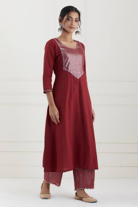 Tashee Red Cotton Stripes Round Neck Kurta Pant Set Online at Aza Fashions Tashee_Red Cotton Stripes Round Neck Kurta Pant Set _Online_at_Aza_Fashions