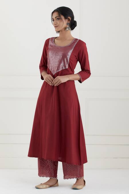Buy Tashee Red Cotton Stripes Round Neck Kurta Pant Set Online at Aza Fashions Buy_Tashee_Red Cotton Stripes Round Neck Kurta Pant Set _Online_at_Aza_Fashions